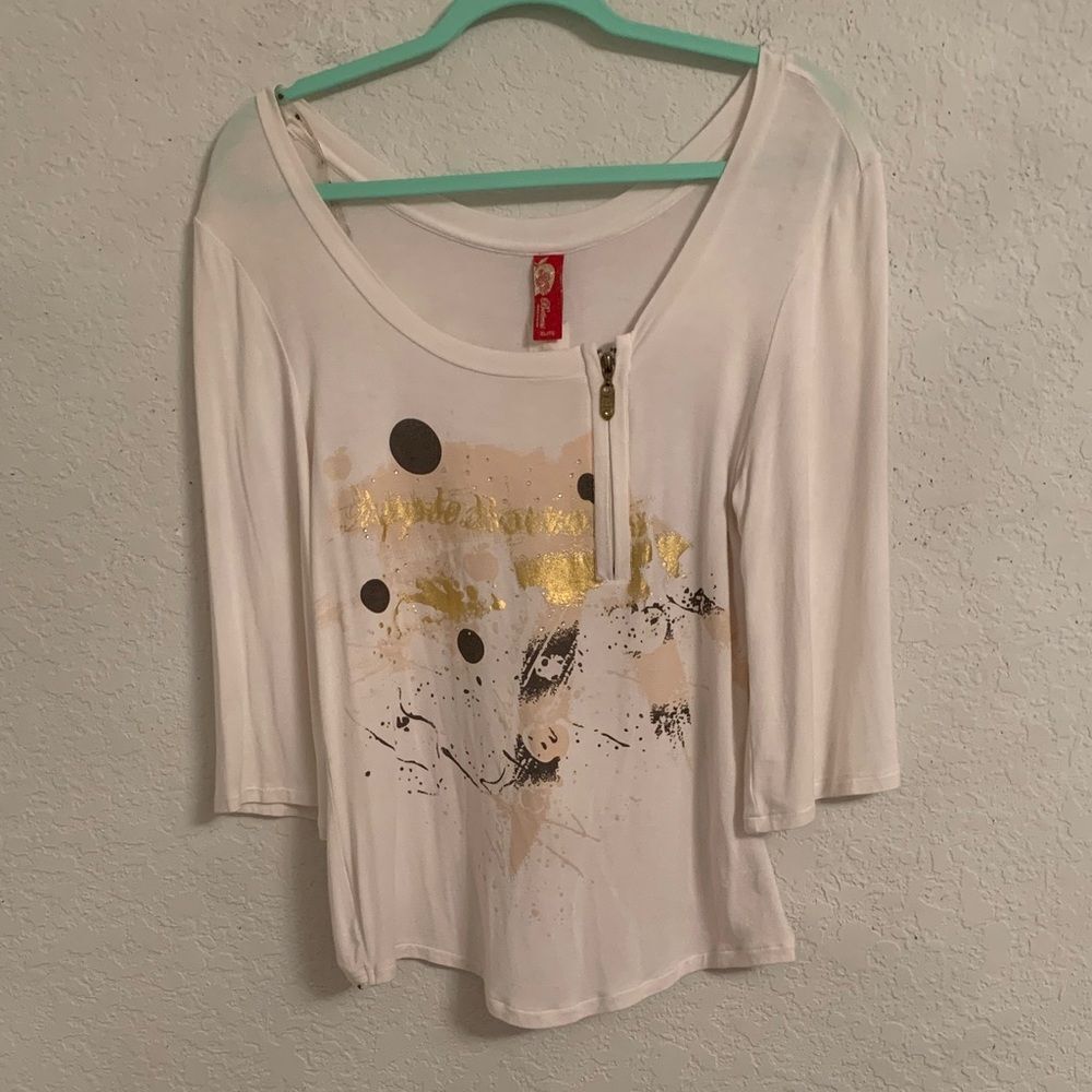 Apple Bottoms White and Gold 3/4 Sleeve Zipper Back Women's Top Size XL